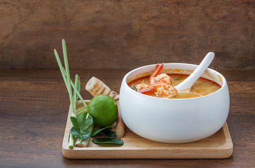 River prawn spicy soup (Tom yum koong) is a Thai dish with sour and spicy taste.