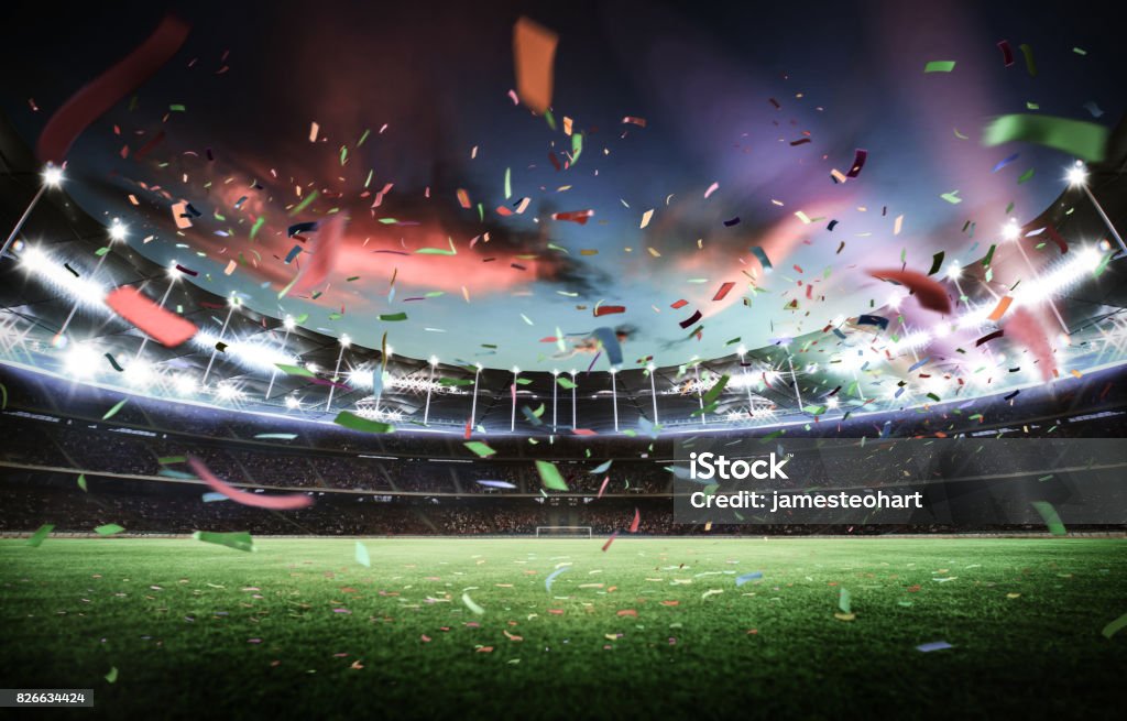 Empty night grand stadium with sport light , evening or night scene . Stadium Stock Photo