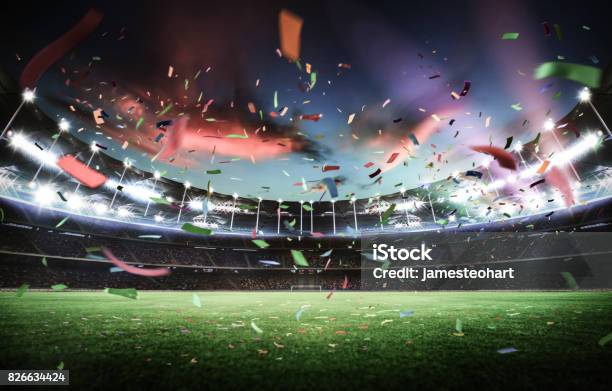 Empty Night Grand Stadium With Sport Light Evening Or Night Scene Stock Photo - Download Image Now