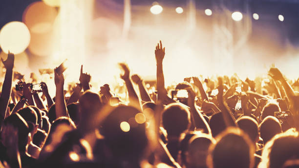 Cheering crowd at a concert. Closeup rear view of large group of people enjoying an open air concert on a summer night. There are a lot of hands raised. Blurry stage lights in background disco dancing photos stock pictures, royalty-free photos & images