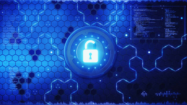Security Padlock Concept With Blue Infographics A security device integrated on an intricate honeycomb surface with overlaid infographics. The device has a glowing padlock shape at the center of it, with many glowing connections running accross the structure.

 honeycomb pattern photos stock pictures, royalty-free photos & images
