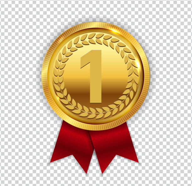 Champion Art Golden Medal with Red Ribbon l Icon Sign First Plac Champion Art Golden Medal with Red Ribbon l Icon Sign First Place Isolated on Transparent Background. Vector Illustration EPS10 laureate stock illustrations