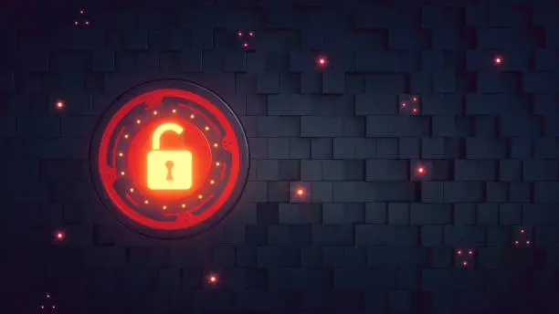 A wallpaper design of an unlocked security mechanism integrated into a wall of randomly protruding cubes. The padlock is glowing in yellow color and the surface has some sparse lights shining out. This image represents an abstract design in the domain of security, cyber-crime, IT, encryption or similar technology. The image is a made up 3D concept render.