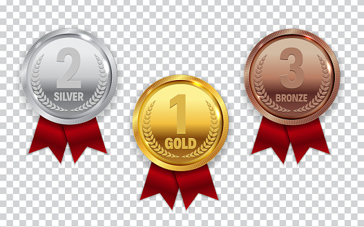 Champion Gold, Silver and Bronze Medal with Red Ribbon Icon Sign First, Secondand Third Place Collection Set Isolated on Transparent Background. Vector Illustration EPS10