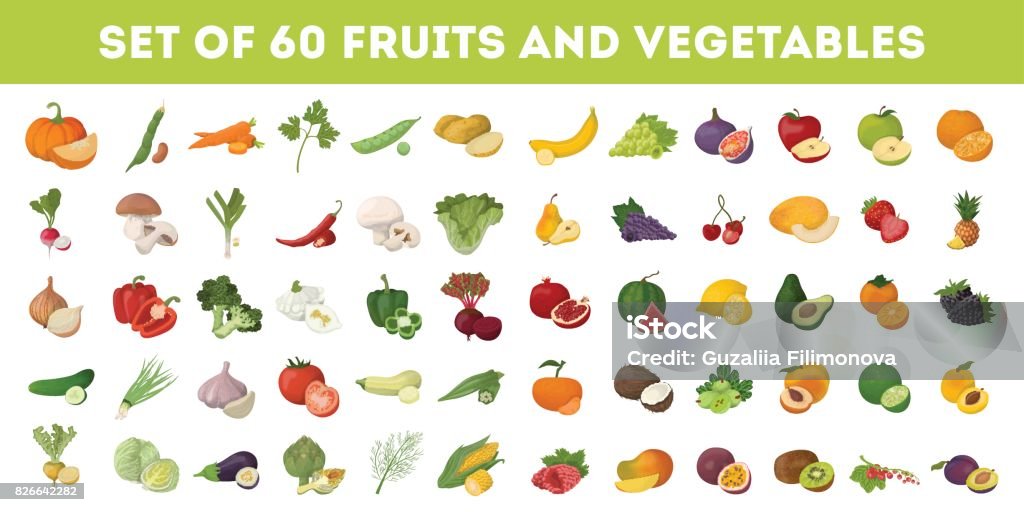 Conjunto de ícones de frutas e legumes. - Vetor de Fruta royalty-free