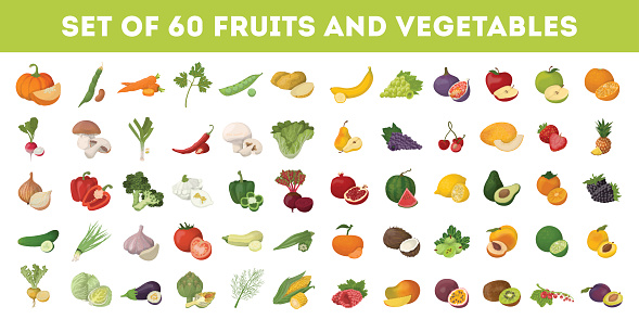 Fruits and vegetables icons set. Apples and bananas, tomatoes and cucumbers and more.
