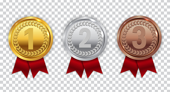 Champion Gold, Silver and Bronze Medal with Red Ribbon Icon Sign First, Secondand Third Place Collection Set Isolated on Transparent Background. Vector Illustration EPS10