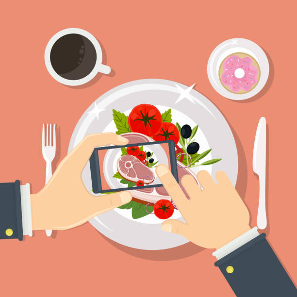 ilustraciones, imágenes clip art, dibujos animados e iconos de stock de tomar fotos de comida. - alimento fotos