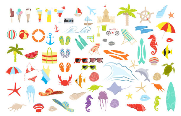 ilustraciones, imágenes clip art, dibujos animados e iconos de stock de conjunto de cosas de verano. - beach