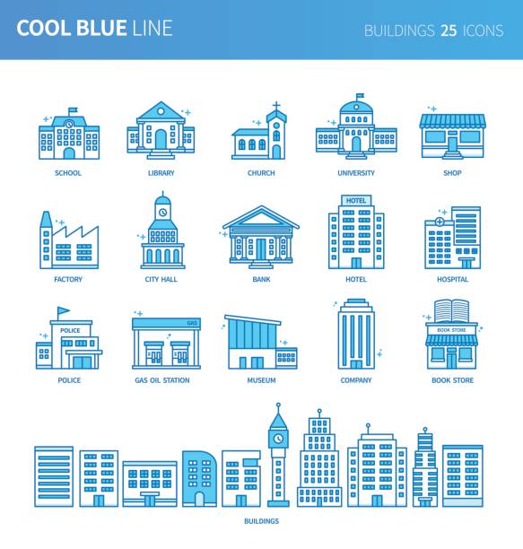 illustrations, cliparts, dessins animés et icônes de icônes modernes fine ligne l’ensemble des bâtiments. jeu de symboles de contour de qualité de prime. pack de pictogramme linéaire simple. série modifiables en ligne - guildhalls