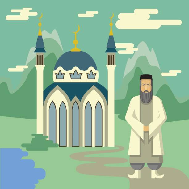 Muslim and mosque. Muslim and mosque in the mountains. Islamic religion. allah the god islam cartoons stock illustrations
