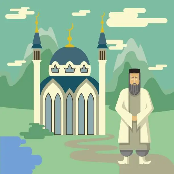 Vector illustration of Muslim and mosque.