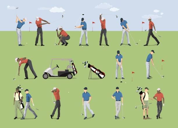 illustrazioni stock, clip art, cartoni animati e icone di tendenza di set giocatori di golf. - golf course illustrations