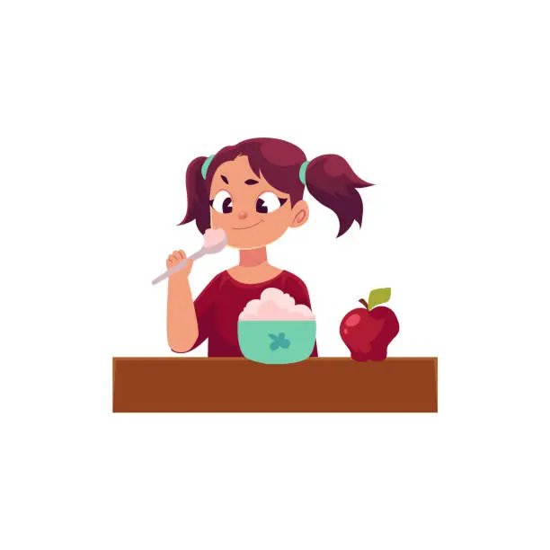 Vector illustration of Little girl with ponytails having breakfast