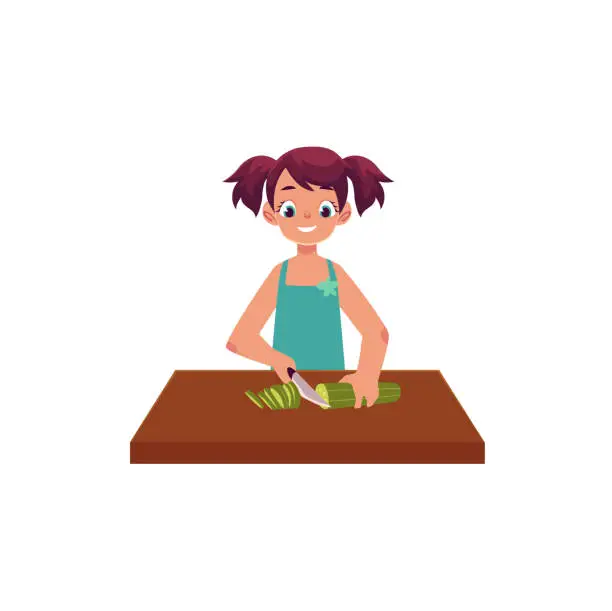 Vector illustration of Little girl cooking, cutting cucumber for salad