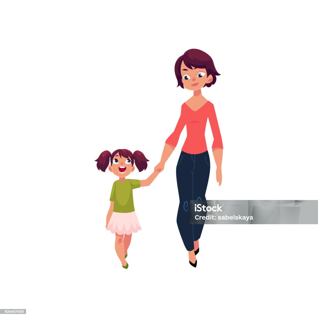 Mẹ Và Con Gái Đi Bộ Cùng Nhau Nắm Tay Nhau Hình minh họa Sẵn có ...