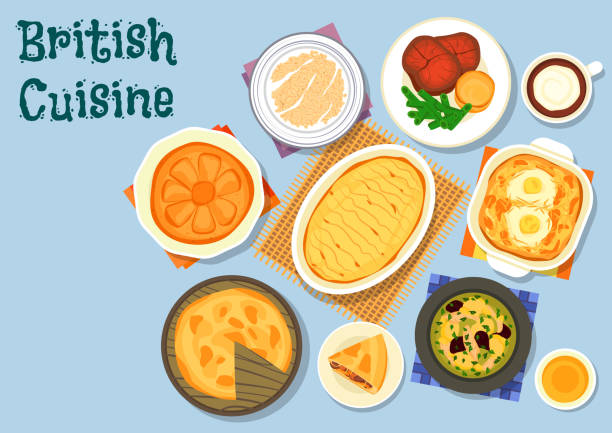 ilustraciones, imágenes clip art, dibujos animados e iconos de stock de icono de menú de almuerzo de cocina británica para diseño - yorkshire pudding