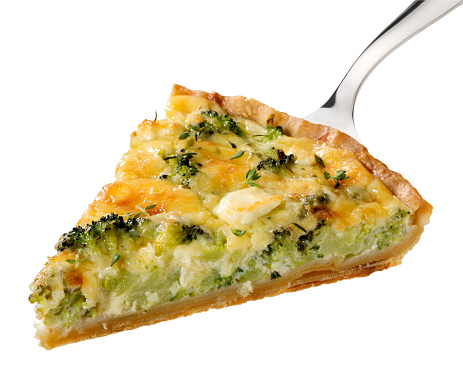 A piece of broccoli quiche,isolated on white with clipping path.