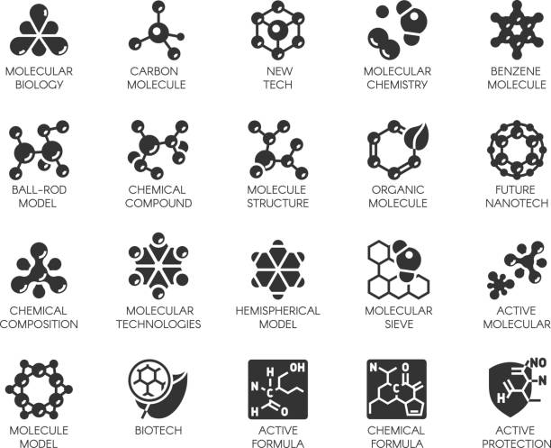 editierbare schlaganfall. 48 x 48 pixel perfekte 20 symbole in flachen stil für wissenschaftliche, chemie, physikalische, medizinische, pädagogische projekte. vektor abstrakt schwarz logo isoliert - formula chemistry vector molecular structure stock-grafiken, -clipart, -cartoons und -symbole