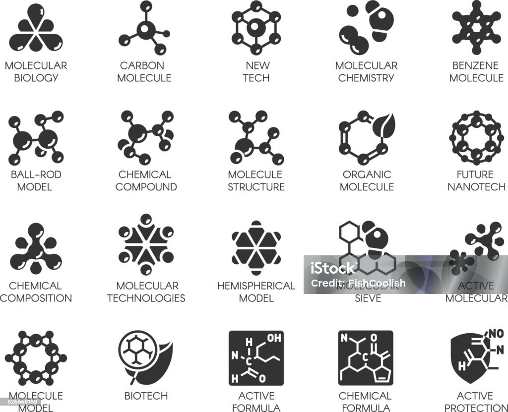 Editable Stroke. 48x48 Pixel Perfect 20 icons in flat style for scientific, chemistry, physical, medical, educational projects. Vector abstract black logo isolated Molecular Structure stock vector