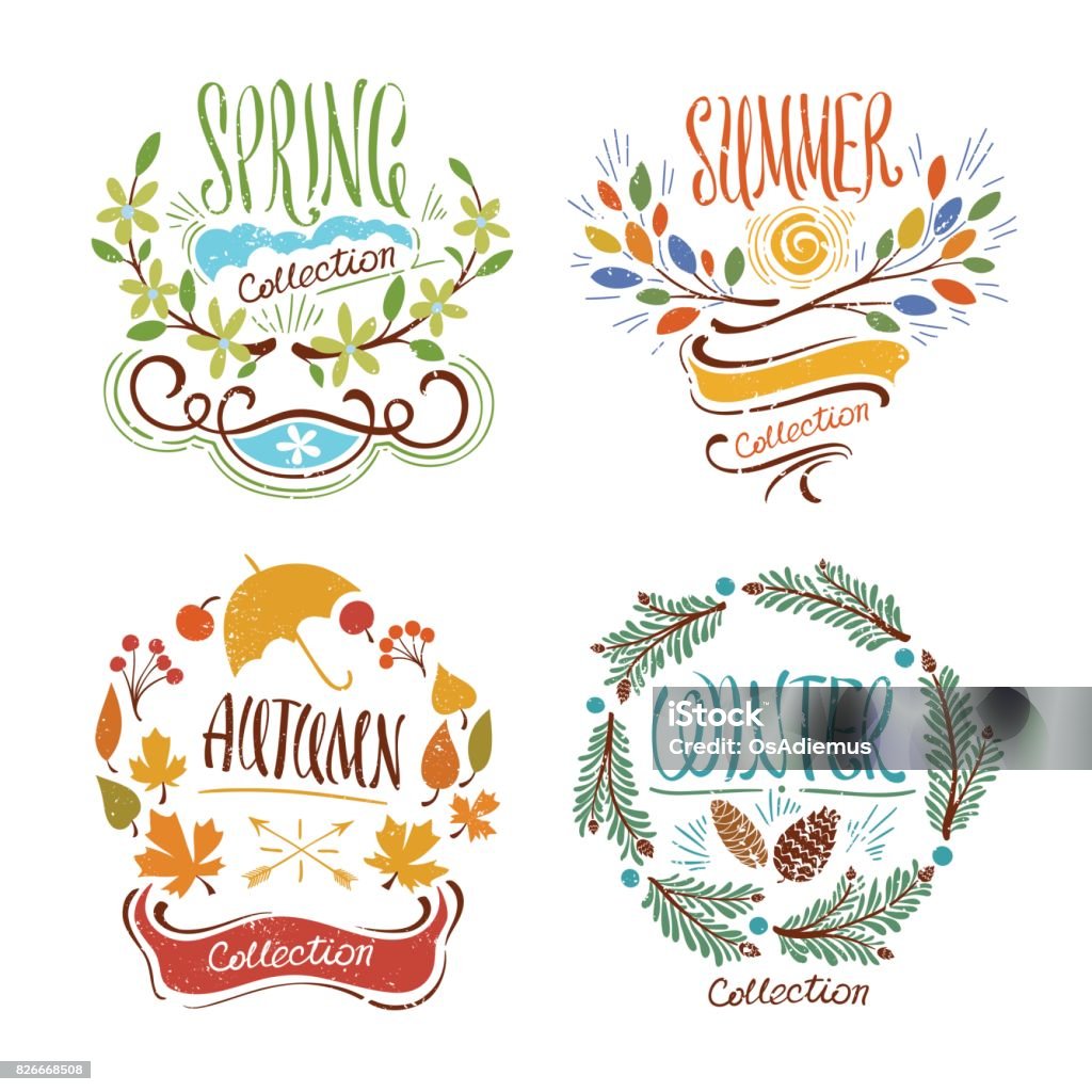 Seasons Floral Badges Nice creative signs on 4 seasons with hand-drawn leafy ornament and lettering: spring, summer, autumn and winter. Four Seasons stock vector