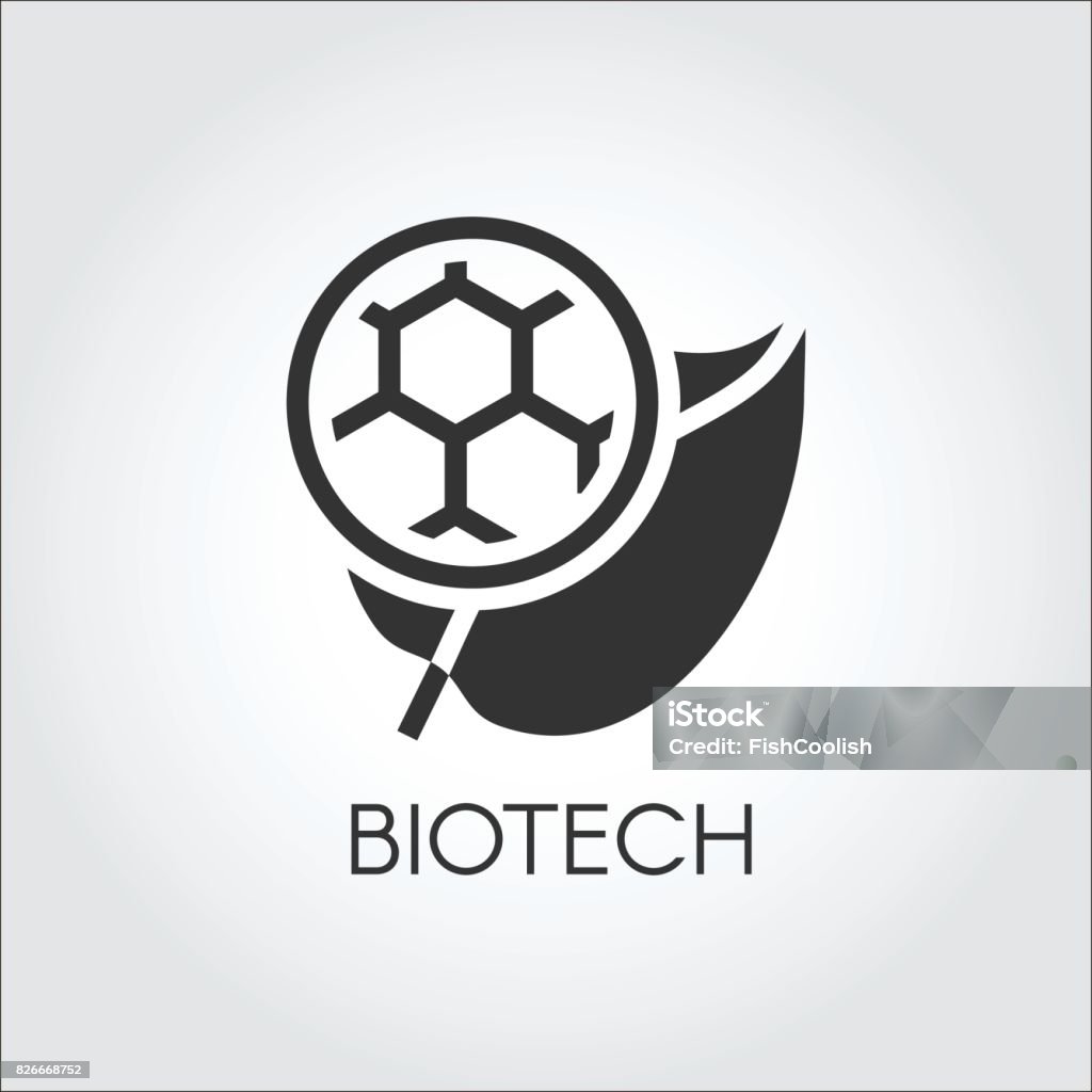 Black flat icon of leaf and molecule symbolizing modern biotech. Simplicity label of biotechnology concept. Vector logo Black flat icon of leaf and molecule symbolizing modern biotech. Simplicity label of biotechnology concept. Connecting science, nature and molecular chemistry theme. Vector logo Laboratory stock vector
