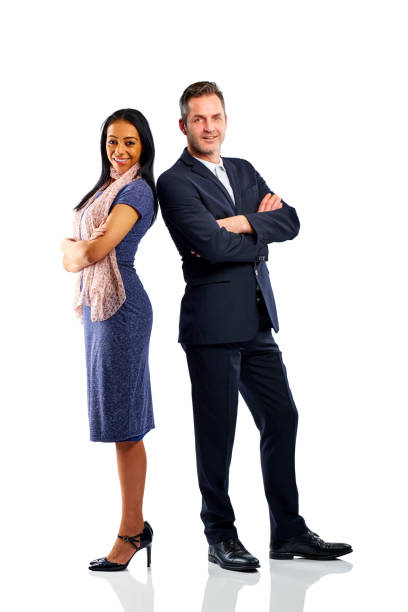 istock Stylish couple standing together on white 826669494