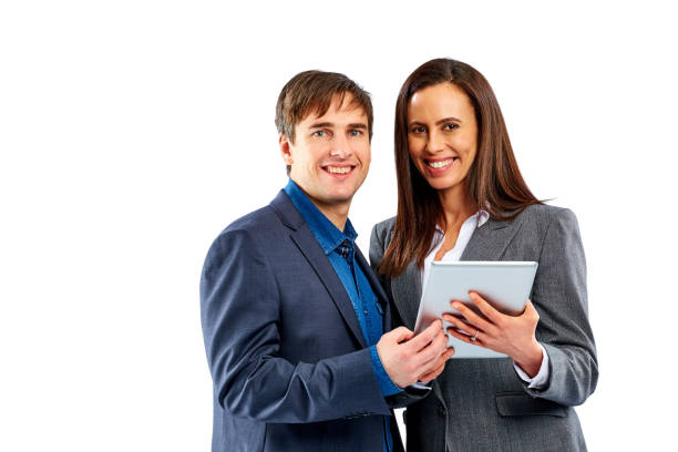 istock Businessman and businessman using digital tablet on white 826669970