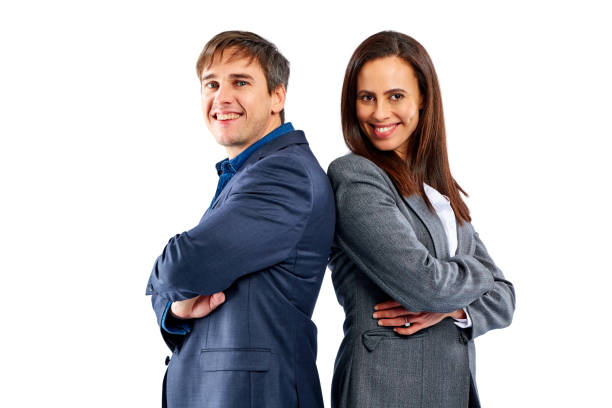 istock Young business partners standing on white 826669976