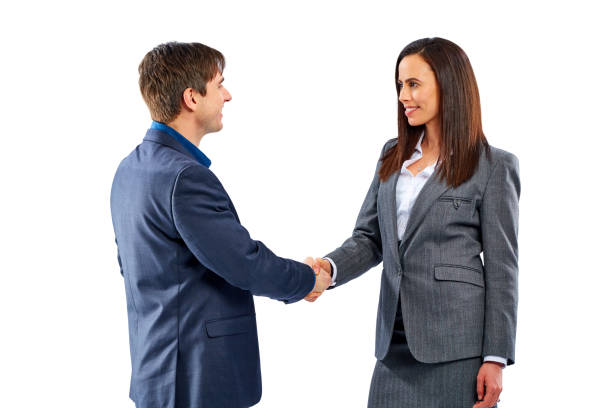istock Young business people shaking hands on white background 826670202