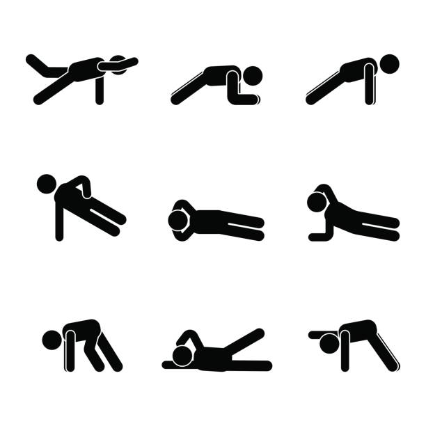 ilustrações, clipart, desenhos animados e ícones de exercícios de treino alongamento homem stick figura do corpo. estilo de vida saudável pictograma de ilustração vetorial - single step