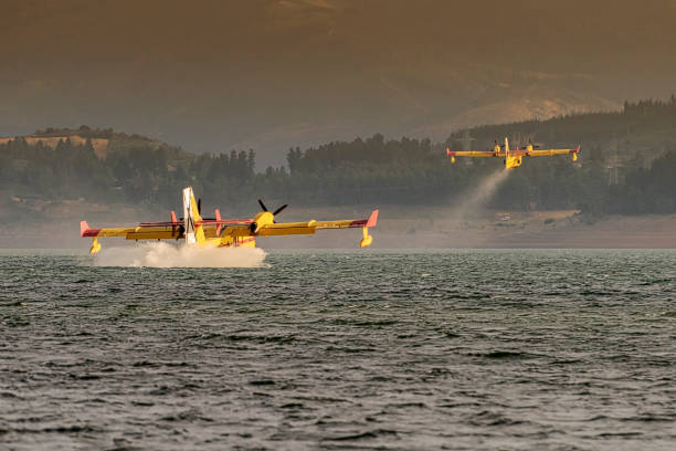 Fire fighter airplanes load water in a lake to drop on forest wildfire stock photo