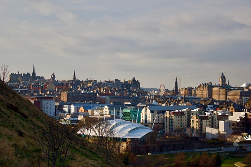 View of Edinburgh from Holyrood Park including the Dynamic Earth Science Museum in the foreground. December 29th, 2016.