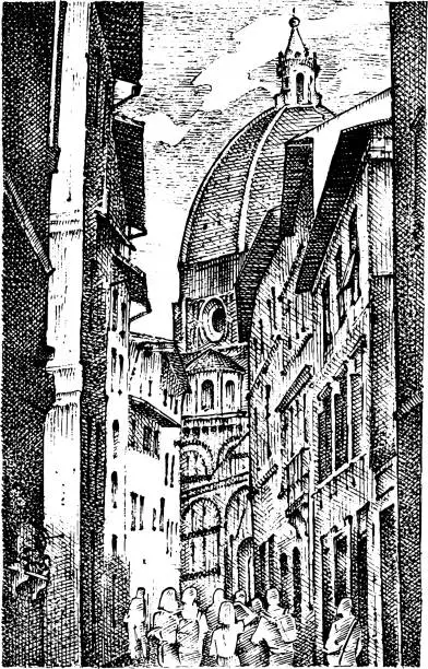 Vector illustration of landscape in European town Florence in Italy . engraved hand drawn in old sketch and vintage style. historical architecture with buildings, perspective view. Travel postcard. Santa Maria del Fiore