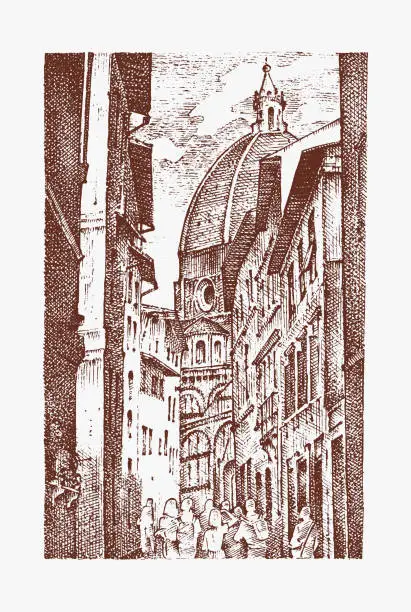 Vector illustration of landscape in European town Florence in Italy . engraved hand drawn in old sketch and vintage style. historical architecture with buildings, perspective view. Travel postcard. Santa Maria del Fiore