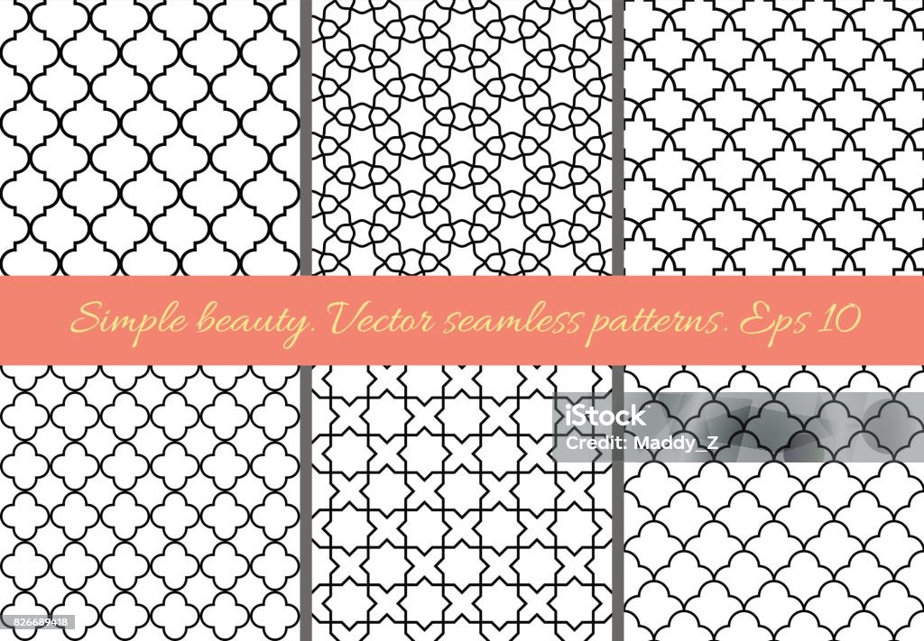 Set of geometric seamless patterns in Oriental style. Set of geometric seamless patterns in Oriental style. Lattice, quatrefoil, tiles. Black on white, easy to re-color. Moroccan, arabic, traditional geometric backgrounds. Pattern stock vector