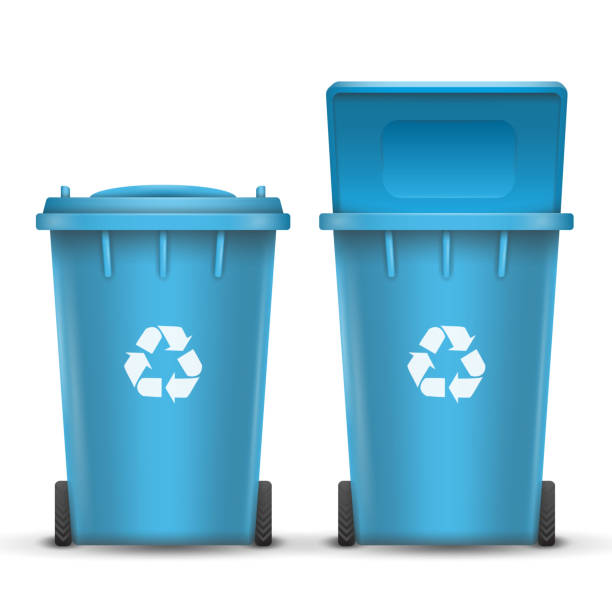 istock Blue Recycling Bin Bucket Vector For Paper Trash. Opened And Closed. Front View. Sign Arrow. Isolated Illustration 826691424
