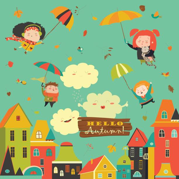 glückliche kinder fliegen mit sonnenschirmen unter der stadt - scarf blowing women autumn stock-grafiken, -clipart, -cartoons und -symbole