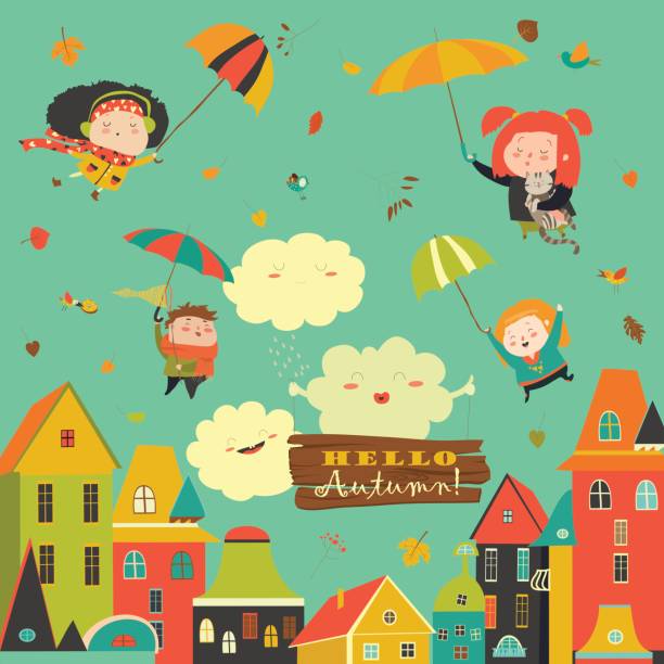 illustrazioni stock, clip art, cartoni animati e icone di tendenza di bambini felici che volano con gli ombrelli sotto la città - scarf blowing women autumn