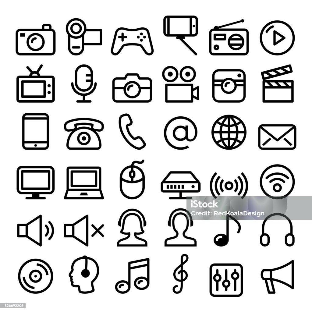 Communication, médias, technologie moderne web ligne jeu d’icônes - gros pack - clipart vectoriel de Icône libre de droits