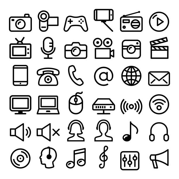 Communication, Media, modern technology web line icon set - big pack Vector media, wireless internet, concact linear icons design isolated on white laptop patterns stock illustrations