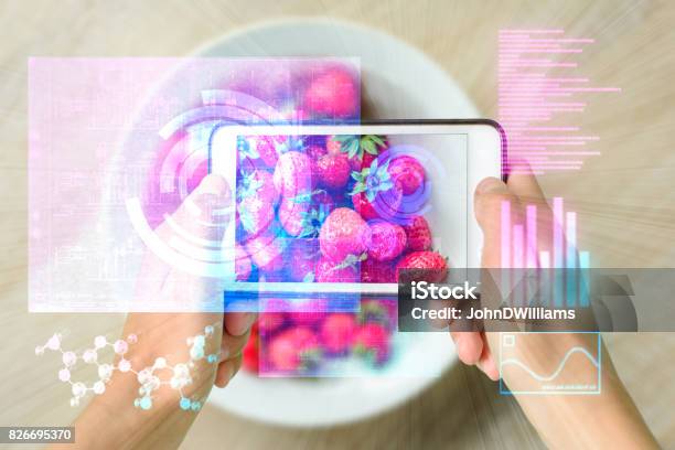 Smart Device Augmented Reality Food Checker Stock Photo - Download Image Now - Food, Technology, Futuristic