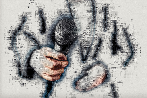 Female news reporter journalist conducting interview, hand with microphone, mixed media illustration