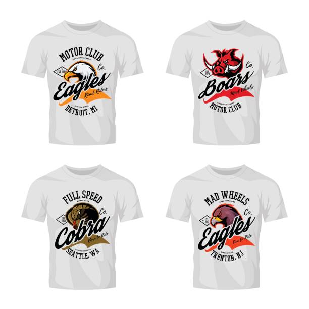 vintage wściekły orzeł, dzik, cobra bikers club tee print wektor projekt wektora izolowane na białym t-shirt makiety. - banner contemporary set white stock illustrations