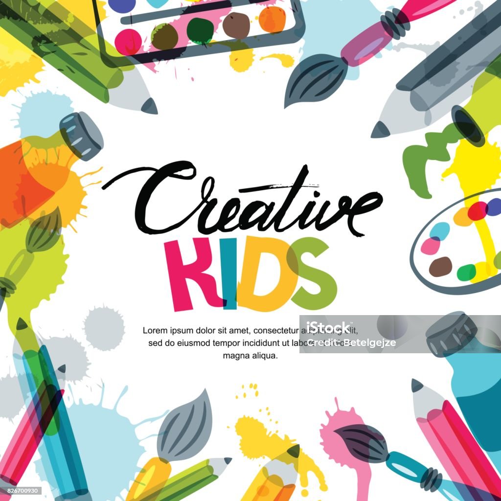 Kids art, education, creativity class concept. Vector banner, poster background with calligraphy, pencil, brush, paints. Kids art, education, creativity class concept. Vector banner, poster or frame background with hand drawn calligraphy lettering, pencil, brush, paints and watercolor splash. Doodle illustration. Child stock vector