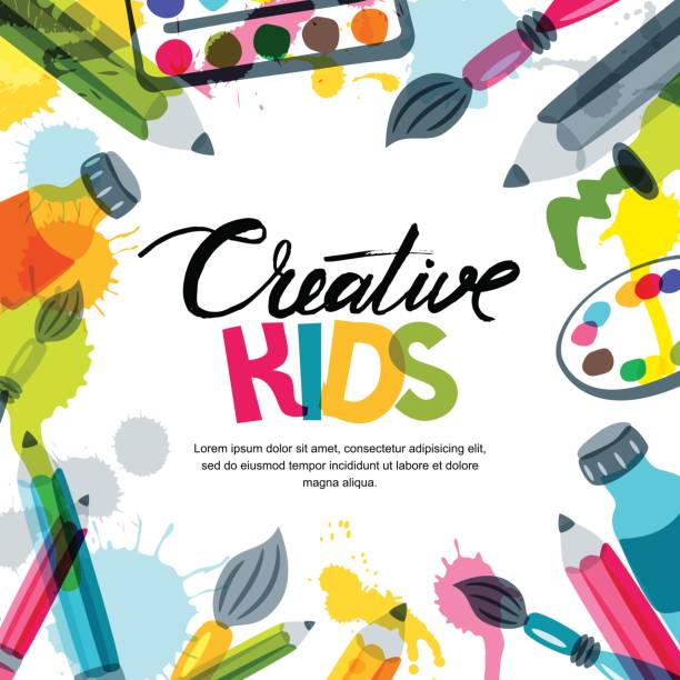 Kids art, education, creativity class concept. Vector banner, poster background with calligraphy, pencil, brush, paints. Kids art, education, creativity class concept. Vector banner, poster or frame background with hand drawn calligraphy lettering, pencil, brush, paints and watercolor splash. Doodle illustration. art and craft illustrations stock illustrations