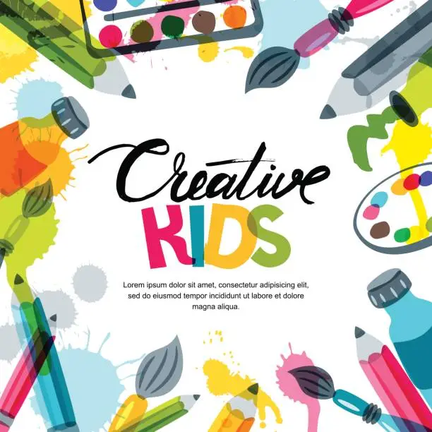 Vector illustration of Kids art, education, creativity class concept. Vector banner, poster background with calligraphy, pencil, brush, paints.