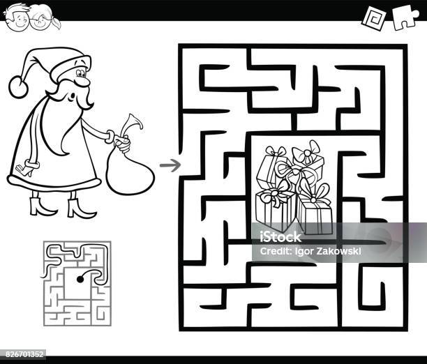 Maze Activity Game With Santa Claus Stock Illustration - Download Image Now - Child, Maze, Black And White