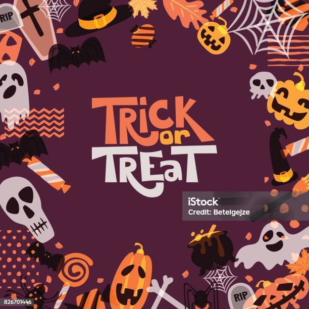 Vector Halloween Square Frame With Hand Drawn Doodle Pumpkin Skull Witch Hat Bones Candies Ghost Broom Cauldron Stock Illustration - Download Image Now
