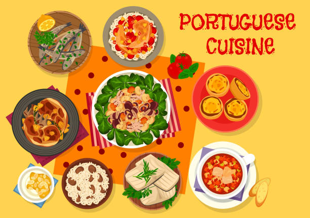 португальская кухня обед значок для дизайна меню - sweet and sour chicken chicken rice vegetable stock illustrations